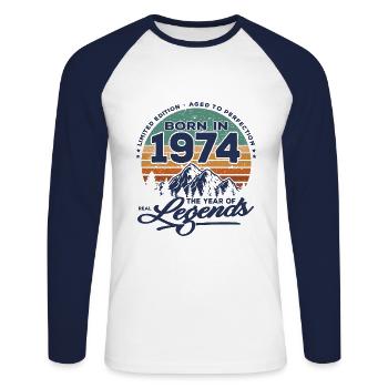 Legends are born in 1974 - Unisex Long Sleeve Baseball T-Shirt - white/navy - Front - Nik (191cm)