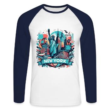 NYC, NEW YORK CITY, FREIHEITSSTATUE, MANHATTAN - Unisex Baseballshirt langarm - Weiß/Navy - Vorne - Nik (191cm)