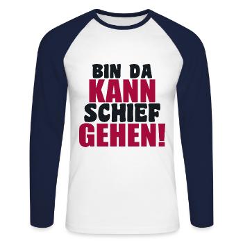 bin da kann schief gehen lustiger humor Spruch - Unisex Baseballshirt langarm - Weiß/Navy - Vorne - Nik (191cm)