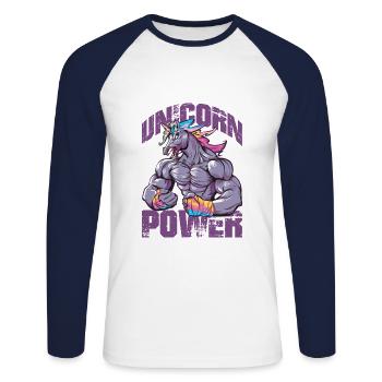Einhorn Power Fitness - Unisex Baseballshirt langarm - Weiß/Navy - Vorne - Nik (191cm)