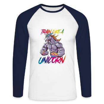 Einhorn training power fitness bunt - Unisex Baseballshirt langarm - Weiß/Navy - Vorne - Nik (191cm)