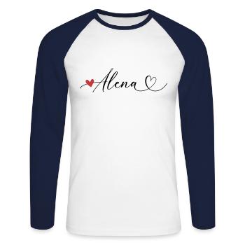Alena Nom Prénom Calligraphie coeur - T-shirt baseball manches longues Homme - blanc/marine - Devant - Nik (191cm)
