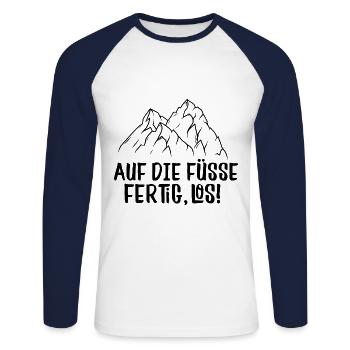 Auf die Füße, Fertig, Los! // Camping Wandern Berg - Unisex Baseballshirt langarm - Weiß/Navy - Vorne - Nik (191cm)