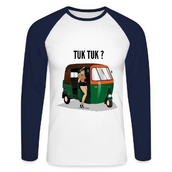 Tuk Tuk Driver / Cadeau / Idée cadeau - T-shirt baseball manches longues Homme - blanc/marine - Devant - Nik (191cm)