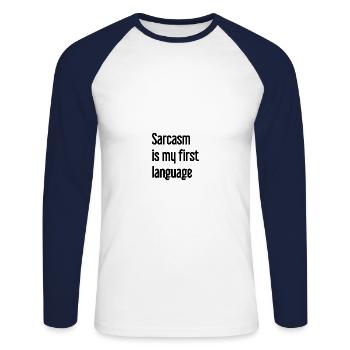 Sarcasme Pro - T-shirt baseball manches longues Homme - blanc/marine - Devant - Nik (191cm)