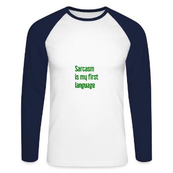 Sarcasme Pro - T-shirt baseball manches longues Homme - blanc/marine - Devant - Nik (191cm)