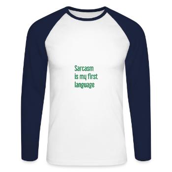 Sarcasme Pro - T-shirt baseball manches longues Homme - blanc/marine - Devant - Nik (191cm)