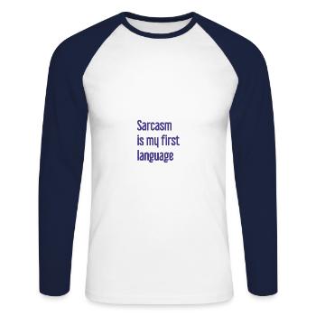 Sarcasme Pro - T-shirt baseball manches longues Homme - blanc/marine - Devant - Nik (191cm)