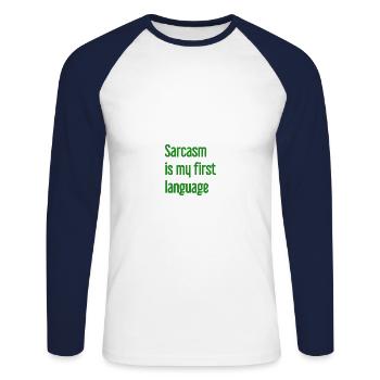 Sarcasme Pro - T-shirt baseball manches longues Homme - blanc/marine - Devant - Nik (191cm)