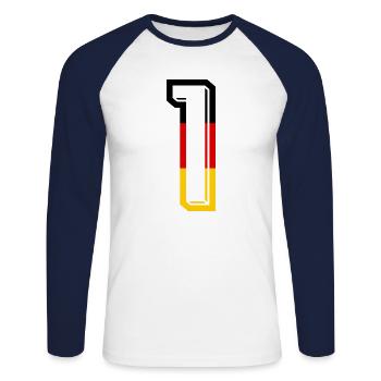Nummer 1 Deutschland Trikot Zahl 1 Jahr - Unisex Baseballshirt langarm - Weiß/Navy - Vorne - Nik (191cm)