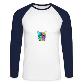 Katze bunt Brille Geschenkidee süß cool - Unisex Baseballshirt langarm - Weiß/Navy - Vorne - Nik (191cm)