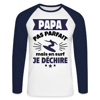 Papa pas parfait, mais en surf je déchire - T-shirt baseball manches longues Homme - blanc/marine - Devant - Nik (191cm)