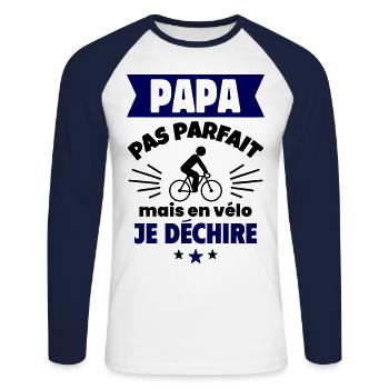 Papa pas parfait, mais en vélo je déchire - T-shirt baseball manches longues Homme - blanc/marine - Devant - Nik (191cm)