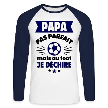 Papa pas parfait, mais au foot je déchire - T-shirt baseball manches longues Homme - blanc/marine - Devant - Nik (191cm)