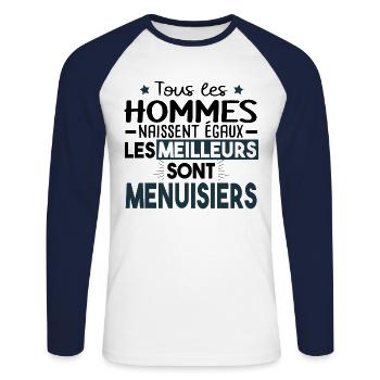Menuisier Bois Métier Menuiserie Cadeau Humour - T-shirt baseball manches longues Homme - blanc/marine - Devant - Nik (191cm)