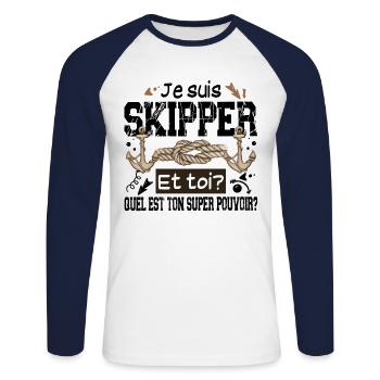 Skipper Super Pouvoir Mer Marin Capitaine Bateau - T-shirt baseball manches longues Homme - blanc/marine - Devant - Nik (191cm)