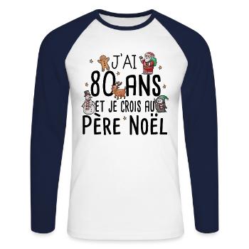 80 Ans Anniversaire Cadeau Père Noël Humour - T-shirt baseball manches longues Homme - blanc/marine - Devant - Nik (191cm)