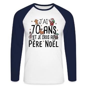70 Ans Anniversaire Cadeau Père Noël Humour - T-shirt baseball manches longues Homme - blanc/marine - Devant - Nik (191cm)