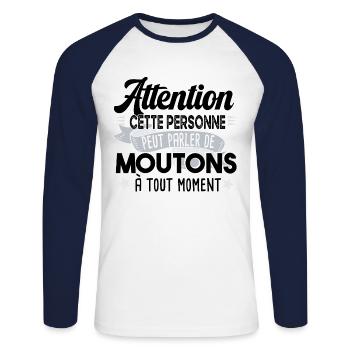 Mouton mouton brebis campagne ferme cadeau humour - T-shirt baseball manches longues Homme - blanc/marine - Devant - Nik (191cm)