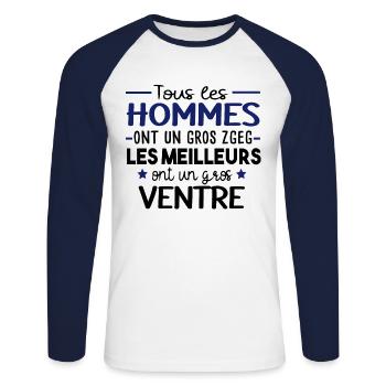 Gros ventre obèse régime. Cadeau humour homme gros - T-shirt baseball manches longues Homme - blanc/marine - Devant - Nik (191cm)