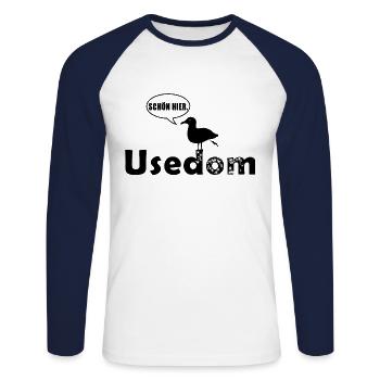 Kackende Möwe auf Usedom Geschenk und Souvenir - Unisex Baseballshirt langarm - Weiß/Navy - Vorne - Nik (191cm)