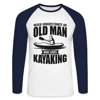 Never Underestimate An Old Man Who Loves Kayaking - Unisex Long Sleeve Baseball T-Shirt - white/navy - Front - Nik (191cm)