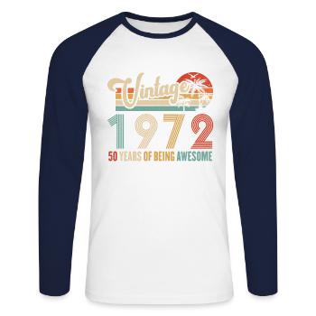 Vintage 1972 Anniversary 50 Years To Be Awesome - Unisex Long Sleeve Baseball T-Shirt - white/navy - Front - Nik (191cm)