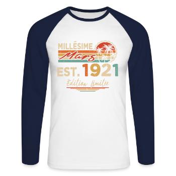 Millésime Né(e) Mars 1921 Cadeau Anniversaire - T-shirt baseball manches longues Homme - blanc/marine - Devant - Nik (191cm)