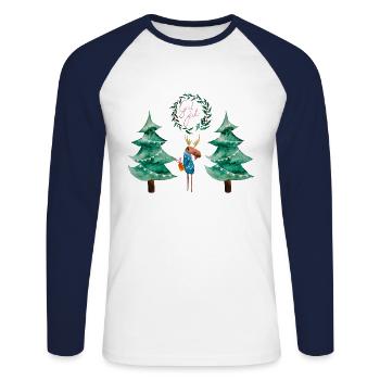 Fröhliche Weihnachten I Elch mit Geschenk - Unisex Baseballshirt langarm - Weiß/Navy - Vorne - Nik (191cm)