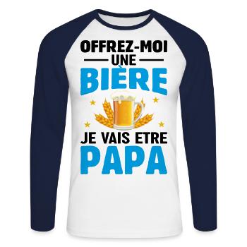 Offrez moi une bière je vais être papa - T-shirt baseball manches longues Homme - blanc/marine - Devant - Nik (191cm)