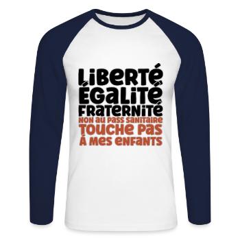 Liberté Egalite Fraternité non au passe Sanitaire - T-shirt baseball manches longues Homme - blanc/marine - Devant - Nik (191cm)