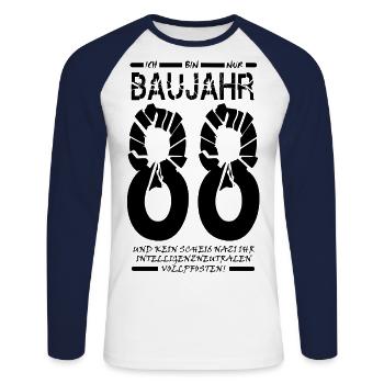 Year of construction year of birth 88 no Idiot Shirt Idea - Unisex Long Sleeve Baseball T-Shirt - white/navy - Front - Nik (191cm)