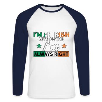 Ireland Irish Flag Irish Wife Gift - Unisex Long Sleeve Baseball T-Shirt - white/navy - Front - Nik (191cm)