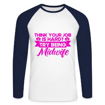 Sage-femme LD Travail Obstétricien Cadeau - T-shirt baseball manches longues Homme - blanc/marine - Devant - Nik (191cm)