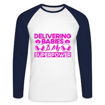 Obstétricien Obstétricien Doula Cadeau - T-shirt baseball manches longues Homme - blanc/marine - Devant - Nik (191cm)
