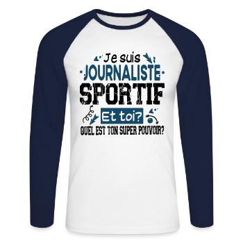 Journaliste Sportif Super Pouvoir Cadeau Humour - T-shirt baseball manches longues Homme - blanc/marine - Devant - Nik (191cm)