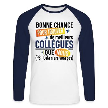 Collègue Retraite Cadeau Départ Retraité Humour - T-shirt baseball manches longues Homme - blanc/marine - Devant - Nik (191cm)