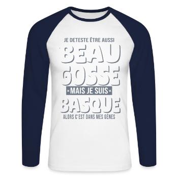 Beau gosse Basque cadeau homme basquais - T-shirt baseball manches longues Homme - blanc/marine - Devant - Nik (191cm)