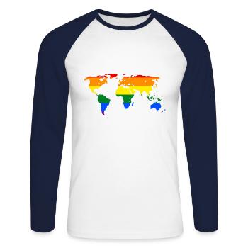 carte du monde - T-shirt baseball manches longues Homme - blanc/marine - Devant - Nik (191cm)