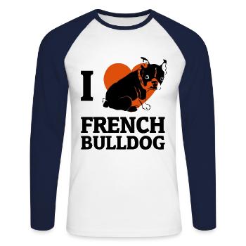 J'adore le bouledogue français - T-shirt baseball manches longues Homme - blanc/marine - Devant - Nik (191cm)