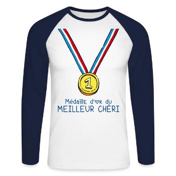 T-shirt Médaille d'or du meilleur chéri - T-shirt baseball manches longues Homme - blanc/marine - Devant - Nik (191cm)