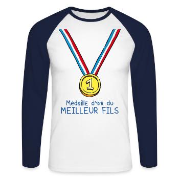 T-shirt Médaille d'or du meilleur fils - T-shirt baseball manches longues Homme - blanc/marine - Devant - Nik (191cm)