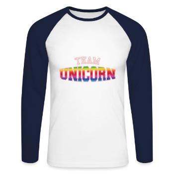 Team-UNICORN - Unisex Baseballshirt langarm - Weiß/Navy - Vorne - Nik (191cm)