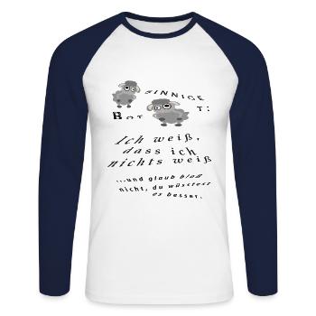 Ich weiß, dass ich nichts weiß - schafsinnig - Unisex Baseballshirt langarm - Weiß/Navy - Vorne - Nik (191cm)