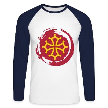 croix occitane 02 - T-shirt baseball manches longues Homme - blanc/marine - Devant - Nik (191cm)