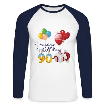 90e Joyeux anniversaire ballons bougies &Cadeau - T-shirt baseball manches longues Homme - blanc/marine - Devant - Nik (191cm)