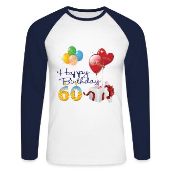 60e Joyeux anniversaire ballons bougies et cadeaux - T-shirt baseball manches longues Homme - blanc/marine - Devant - Nik (191cm)