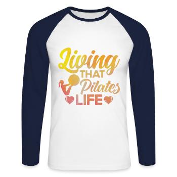 Pilates Vivre le cadeau de vie Pilates - T-shirt baseball manches longues Homme - blanc/marine - Devant - Nik (191cm)