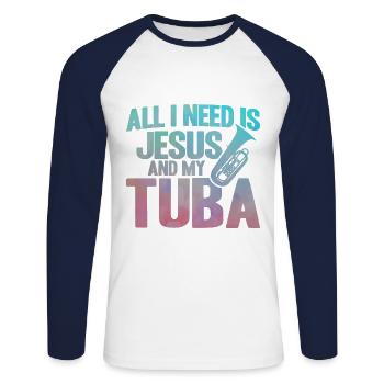 Tuba Jesus und meine Tuba Geschenk - Unisex Baseballshirt langarm - Weiß/Navy - Vorne - Nik (191cm)