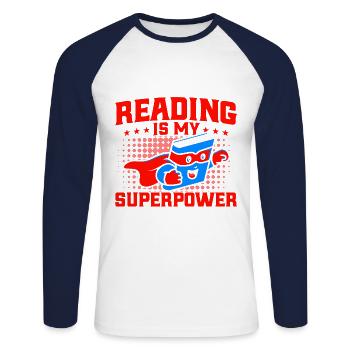 La lecture est mon superpouvoir Lire le livre cadeau - T-shirt baseball manches longues Homme - blanc/marine - Devant - Nik (191cm)